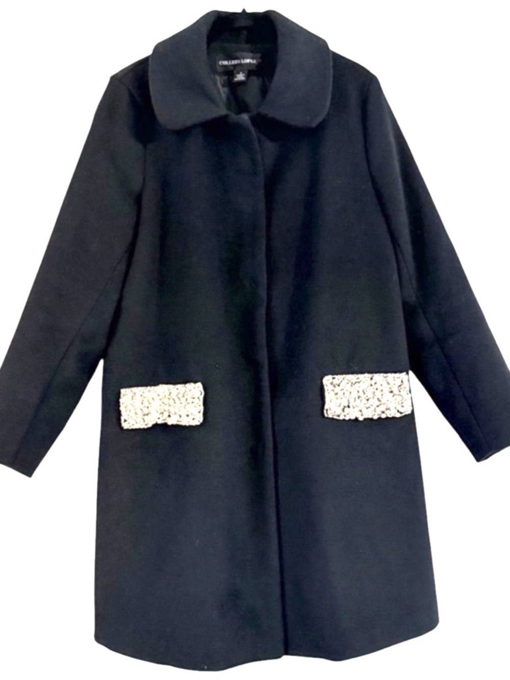 Colleen Lopez Black Opulence Wool Blend Rhinestone Pocket Flaps Mid Length S